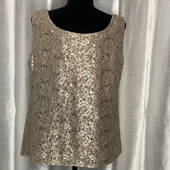 R&M Richards Women’s 14 Lacy Sequins Shimmery Gold Colored Lined Sleeveless Top - Picture 3 of 8